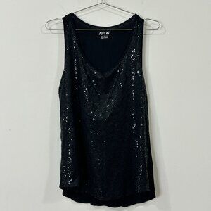 APT. 9 Black Sequin Scoop Neck Tank Top Size L Sleeveless Shell High Low Hem